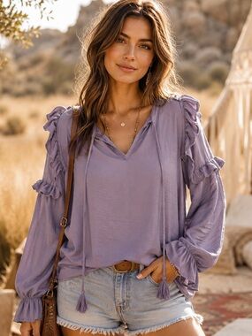 Story On Lavender Purple Boho Ruffle Tassel Blouse – Size Small